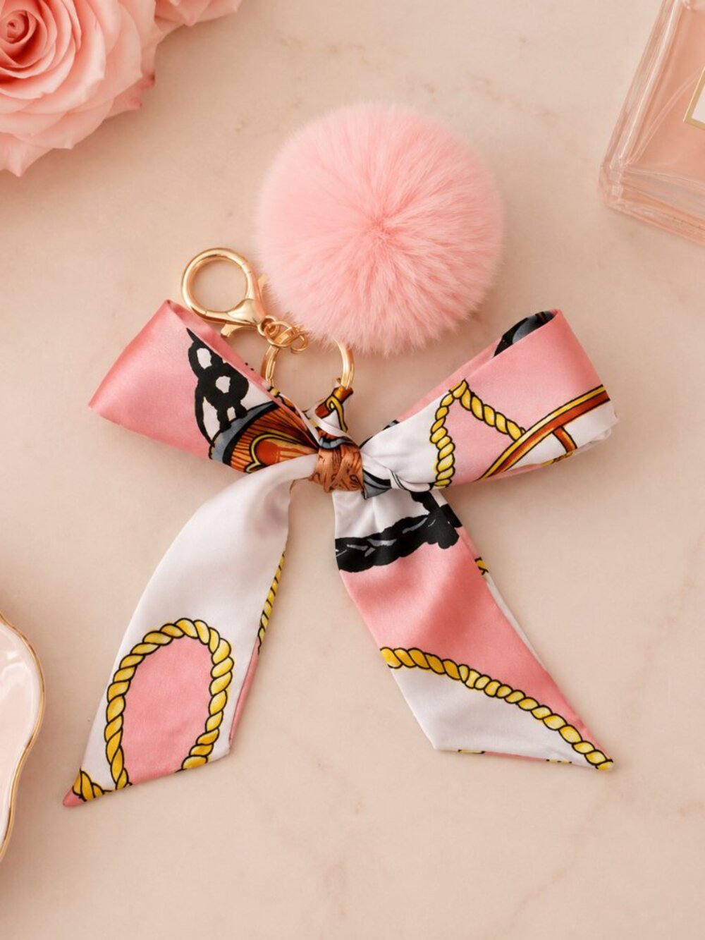 Pink Gold Purse Charm Pom Pom Bag Charm Scarf Bow Keychain Designer Inspired - Picture 4 of 5